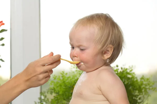 Komik tombul sarışın çocuk evdeki mutfakta besleniyor. — Stok fotoğraf