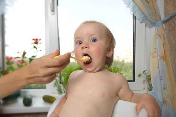 funny chubby blond boy feeding in the kitchen at home