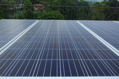 Sabahın erken saatlerinde tropik bir şehir evinin çatısındaki güneş panelleri..