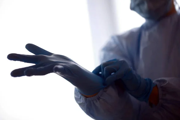 Doctor Protective Blue Uniform Wears Blue Glove — Stock Photo, Image