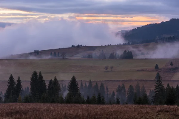 Paisaje otoñal con niebla en las montañas — Foto de Stock