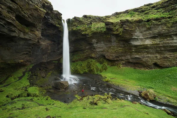 Turista olha para a grande cachoeira na Islândia — Fotografia de Stock