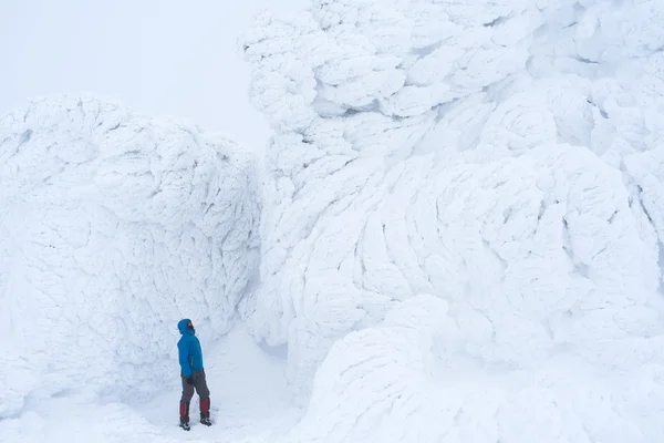 Abenteuertourist in den Bergen nahe der Schneemauer — Stockfoto