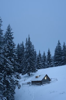 Kış manzarası ile dağlarda ahşap ev