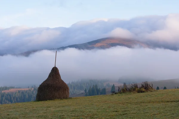 Осенний пейзаж с стогами сена и туманом в горах — стоковое фото