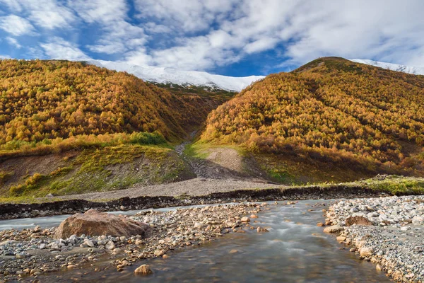 Paisaje otoñal con un río de montaña y bosque de abedules —  Fotos de Stock