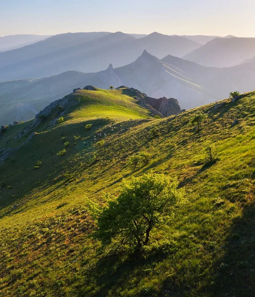 Paisaje primaveral con pendiente verde en las montañas — Foto de Stock