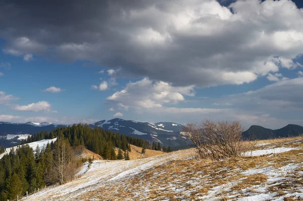 Paesaggio primaverile con macchie di neve in campagna — Foto Stock