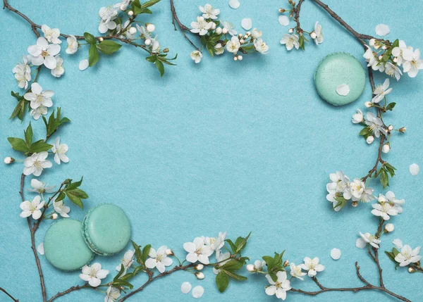 Frame of flowers and French macaroon dessert on a turquoise back — Stock Photo, Image