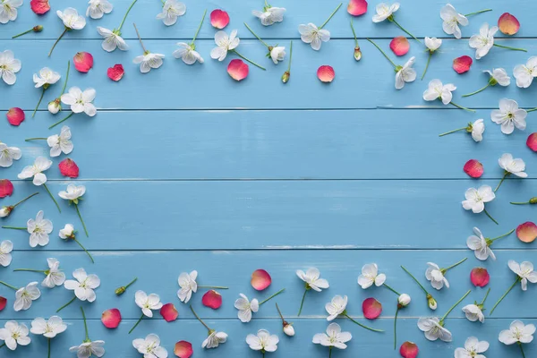 Beyaz kiraz çiçekleri ve kırmızı yaprakları dekoratif çerçeve — Stok fotoğraf