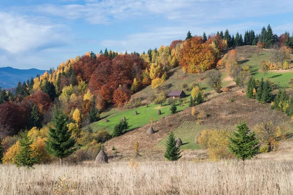 Podzimní krajina s dřevěným domem v horách — Stock fotografie