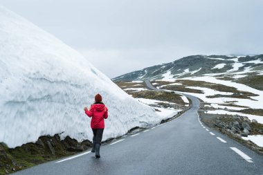 Bjorgavegen karlı yol Norveç dağlarında
