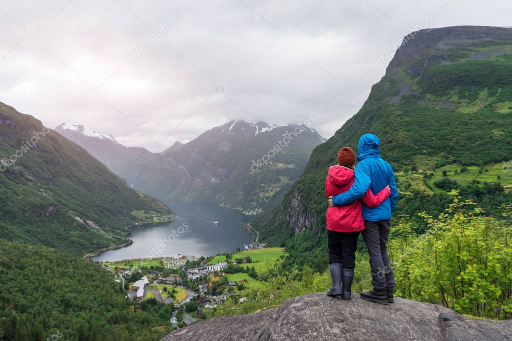 View of the tourist village Geiranger, Norway