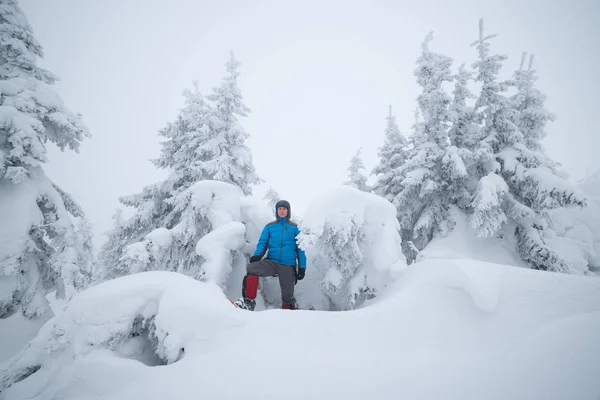 Senderista en bosque nevado — Foto de Stock