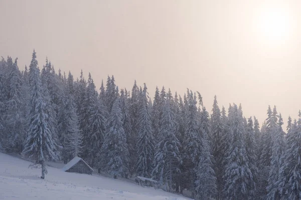 Winterlandschap met houten huis in de bergen — Stockfoto