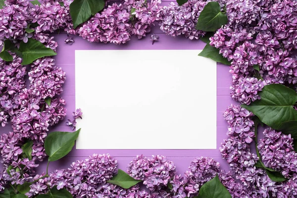 Frame of lilac flowers and blank sheet for notes — Stock Photo, Image