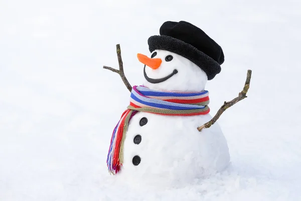 Muñeco de nieve alegre sobre un fondo cubierto de nieve — Foto de Stock