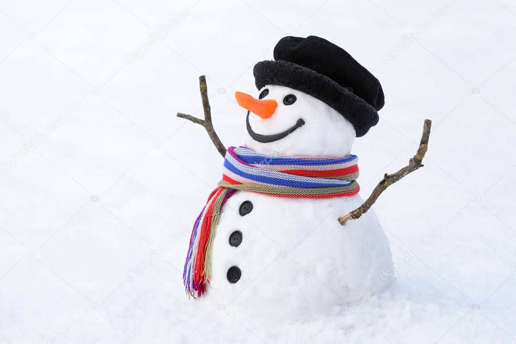 Cheerful snowman on a snowy background
