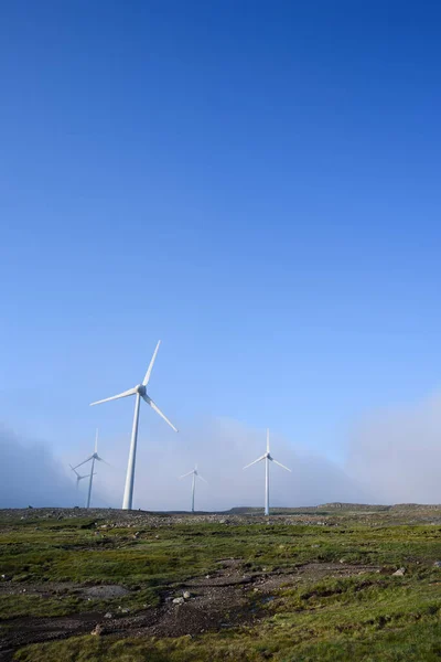 Renewable electricity. Wind power station on hill. Background with blue sky