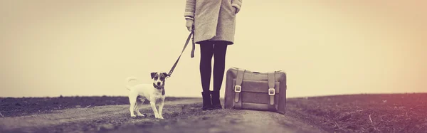 Porträt einer jungen Frau mit Koffer und Hund — Stockfoto