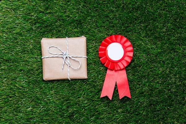 Yeşil çim zemin üzerine kırmızı ödül ve Hediyelik kutu, — Stok fotoğraf
