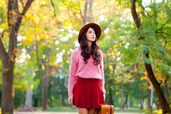 Photo de belle jeune femme avec valise debout dans le pair — Photo