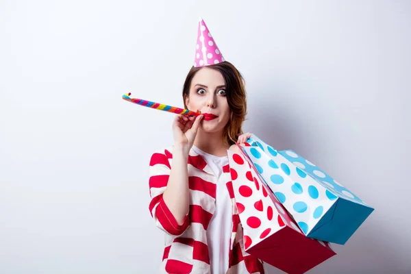 Beautiful young woman with Birthday hat — Stock Photo, Image