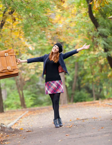 Beautiful young woman with suitcase — Stock Photo, Image