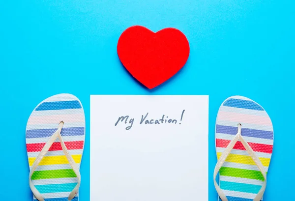 Flipflops and paper with lettering "my vacation" — Stock Photo, Image