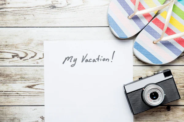 Flipflops and paper with lettering "my vacation" — Stock Photo, Image