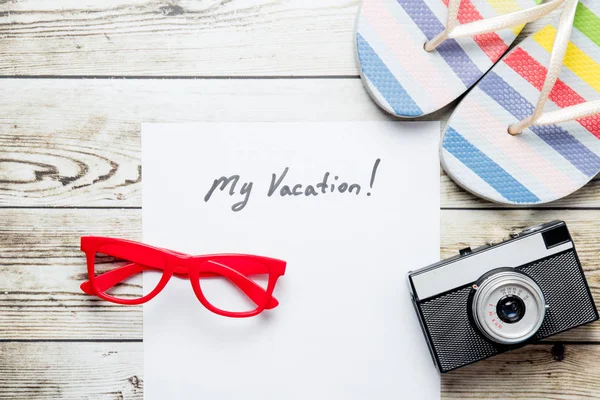 Flipflops and paper with lettering "my vacation" — Stock Photo, Image