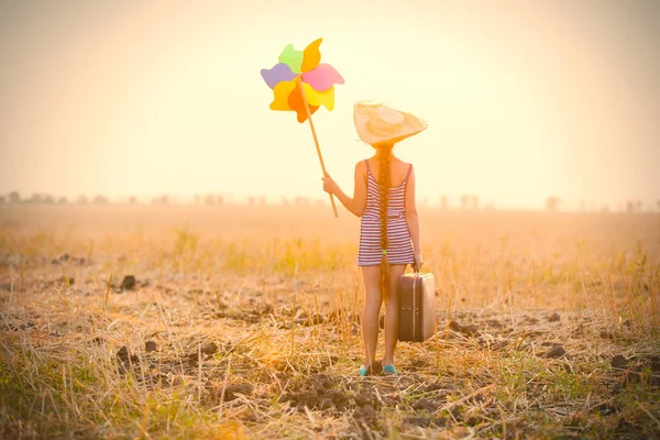 Menina com mala e brinquedo do vento — Fotografia de Stock