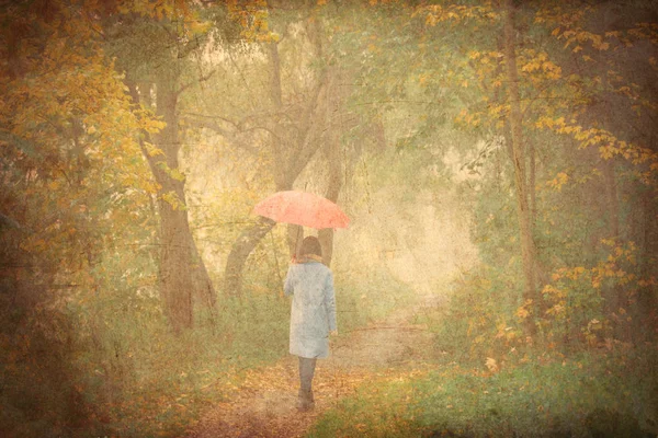 Mulher segurando guarda-chuva e andando na floresta — Fotografia de Stock