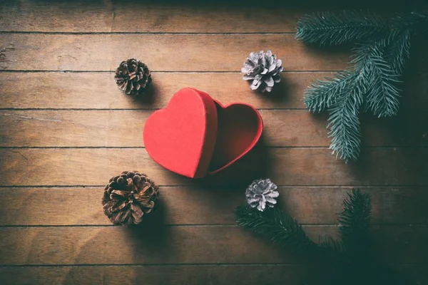 Boîte en forme de coeur rouge et cônes de pin avec branches — Photo