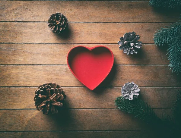 Boîte en forme de coeur rouge et cônes de pin avec branches — Photo