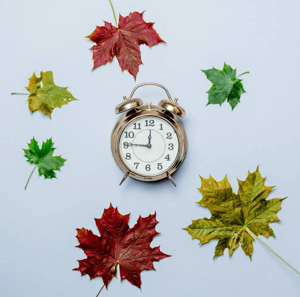 Hojas de arce de otoño y despertador — Foto de Stock