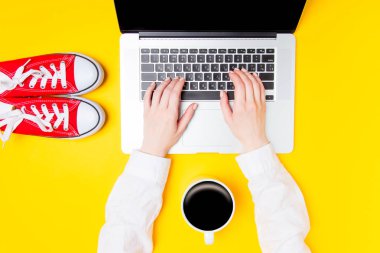 Eller dizüstü bilgisayarda yazıyor. 