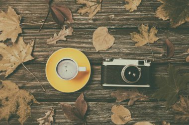 Sonbahar yaprakları, fotoğraf makinesi ve kahve