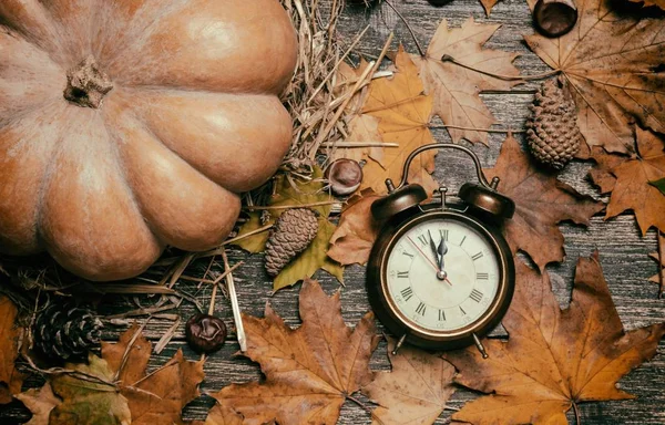 Reloj despertador en mesa de otoño . — Foto de Stock
