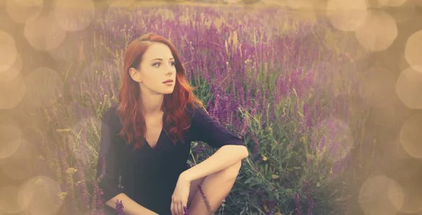 Redhead girl at lavender field — Stock Photo, Image
