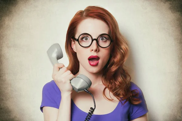 Young woman with retro phone — Stock Photo, Image