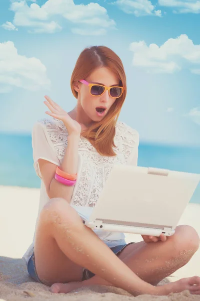 Woman with white laptop — Stock Photo, Image