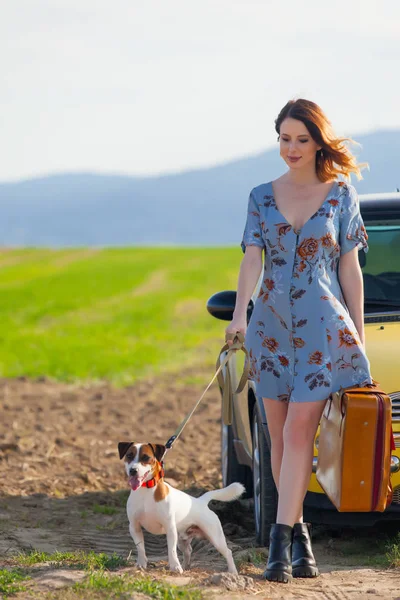 bavul ve köpek kadın ile 