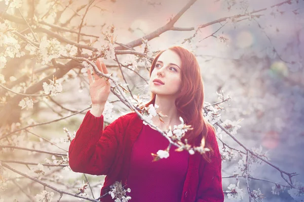 Vrouw in de buurt van bloeiende boom — Stockfoto