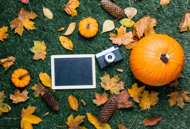 boş yazı tahtası ve retro kamera