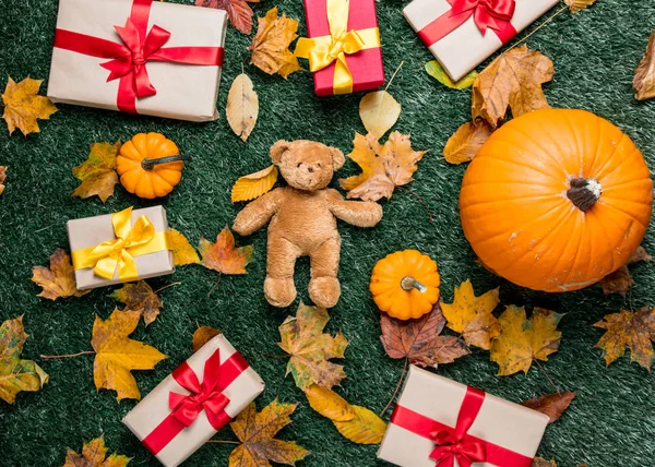 Teddy bear and gift boxes — Stock Photo, Image