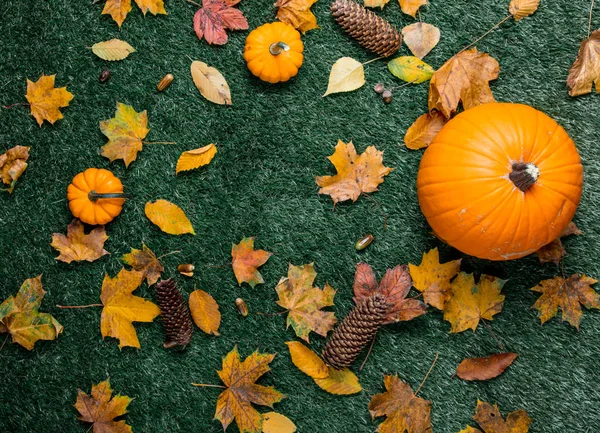 Calabazas naranjas y hojas secas de otoño —  Fotos de Stock