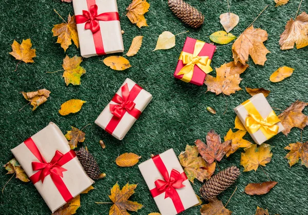 Gift boxes and dry maple leaves — Stock Photo, Image