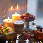 Cup of coffee, pumpkin, gifts and candles