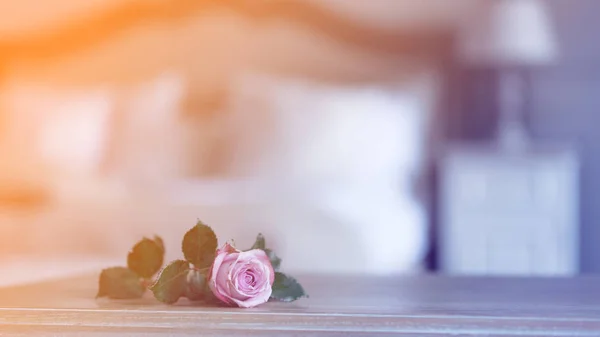 Rosa rosa na mesa de madeira — Fotografia de Stock